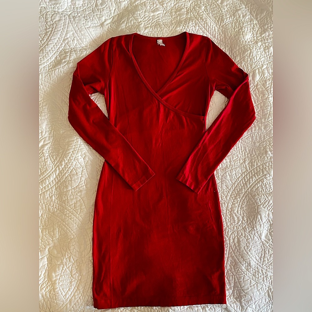 Red Faux Wrap Long Sleeve Body Con Dress